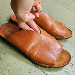 Leather Slide Sandals in Cognac Brown - Comfort Slip-On Sandals